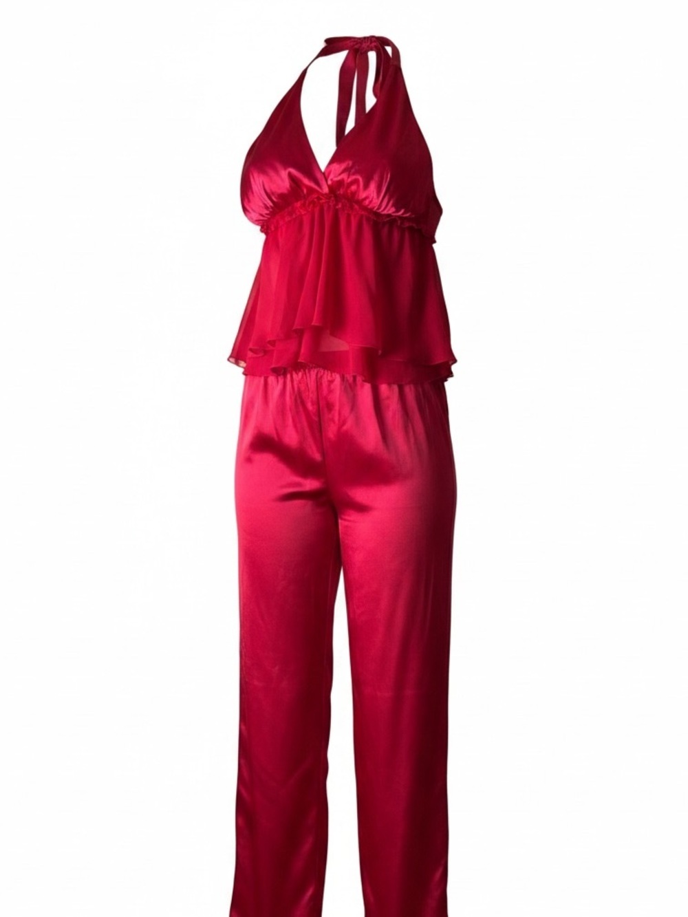 La Vie en Rose Red Satin Halter Top and Pants Set